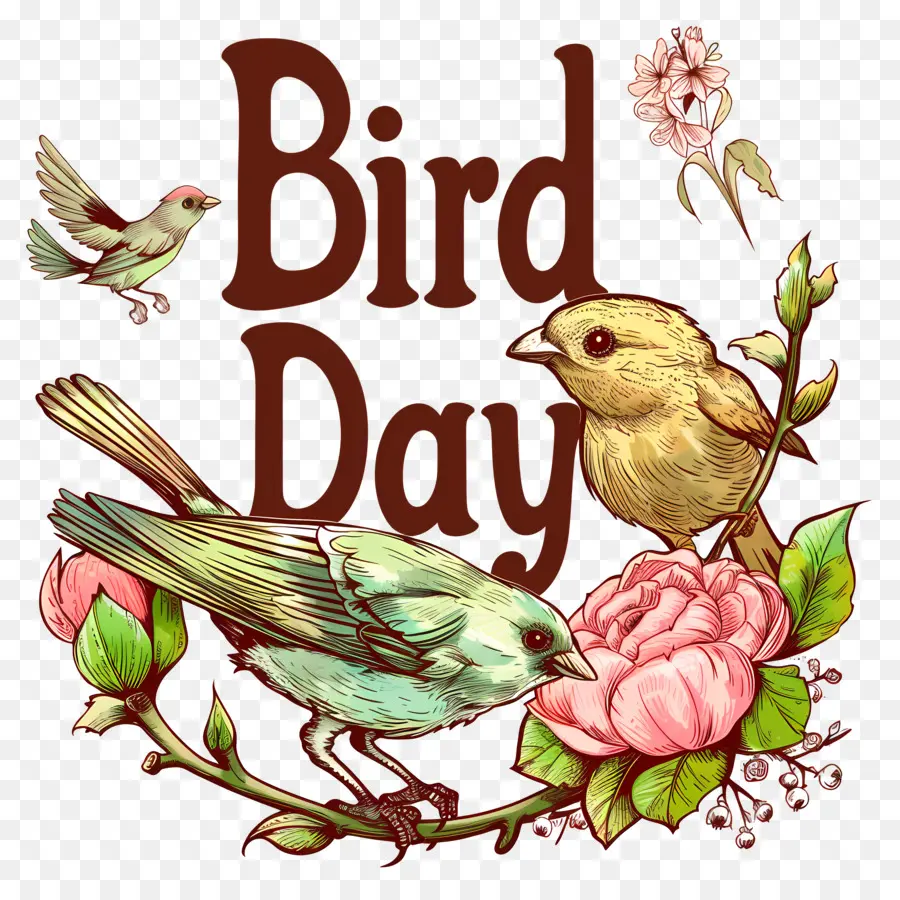 Bird Day Bird Flower Bird Day Pink - Illustrazione colorata di Bird Day con fiore