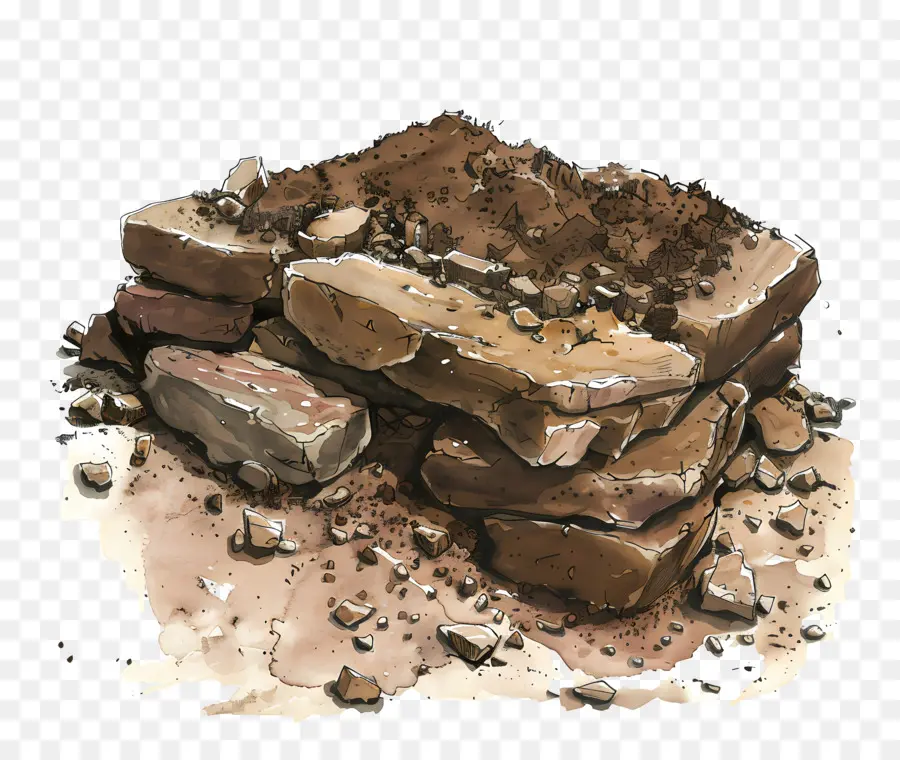 pila di roccia di terra argilla che disegna sporcizia - Disegno ad acquerello di mucchio di rocce con sporcizia