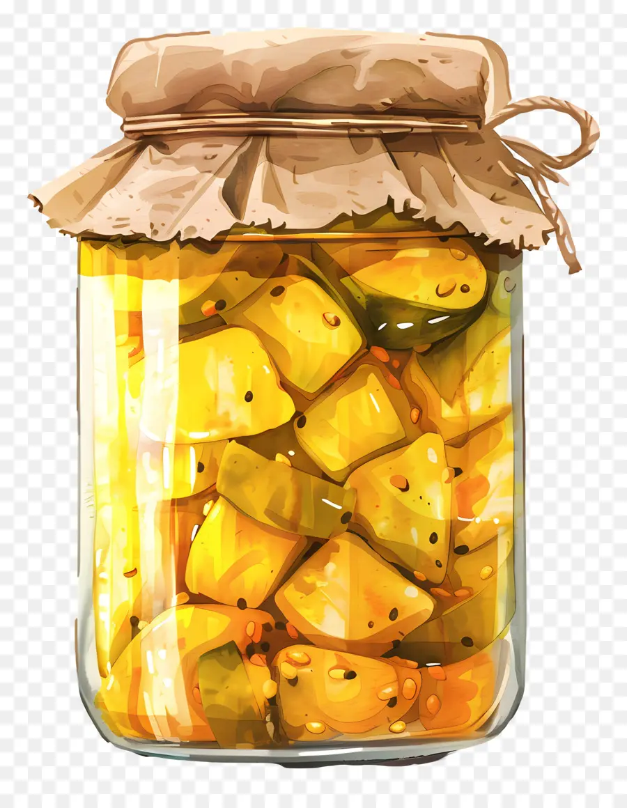 barattolo mango sottaceto peperoni gialli dipinto ad acquerello dipinto di vetro jar colori vibranti - Pittura colorata di acquerello di fette di pepe giallo