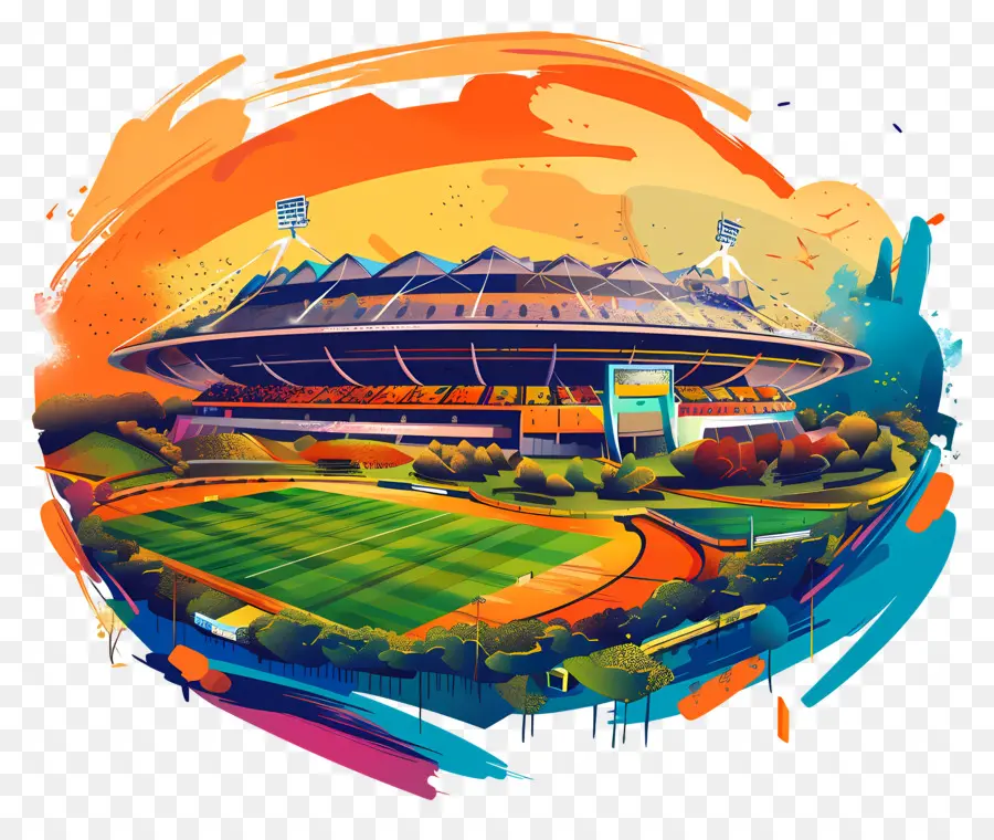Narendra Modi Stadium Digital Painting Digital Openta Stadium Sunset Banner - Dipinto digitale della scena di Sunset Sunset Stadium