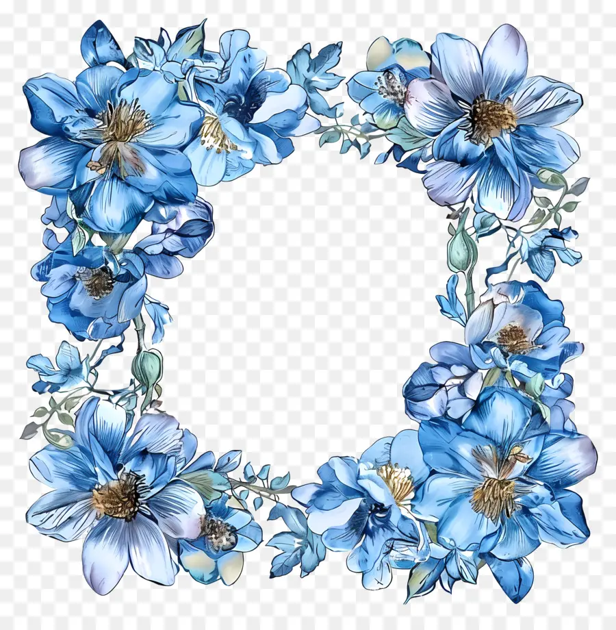disegno floreale - Grande ghirlanda di fiori blu su sfondo nero