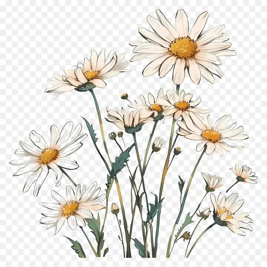 hoa cúc thẩm mỹ minh họa màu nước màu trắng hoa cúc màu đen mẫu hình tròn - Hoa cúc trắng màu trên nền đen