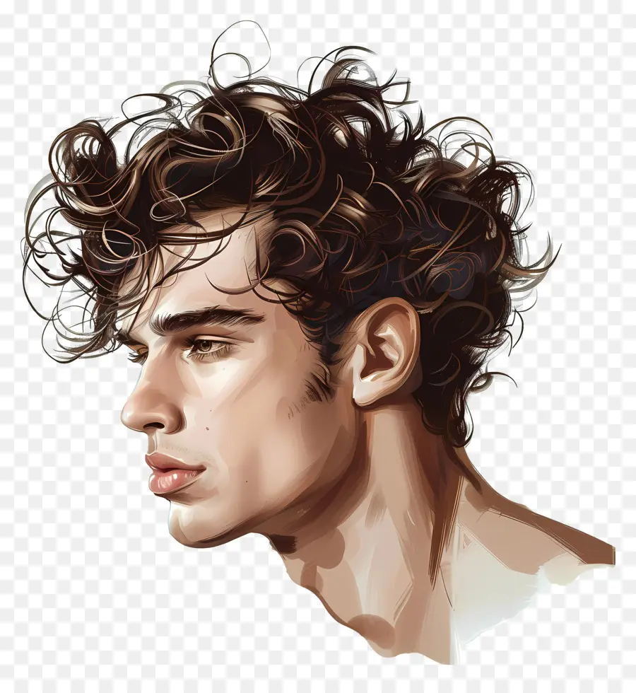 male curly hair style man long curly hair thoughtful expression simple style