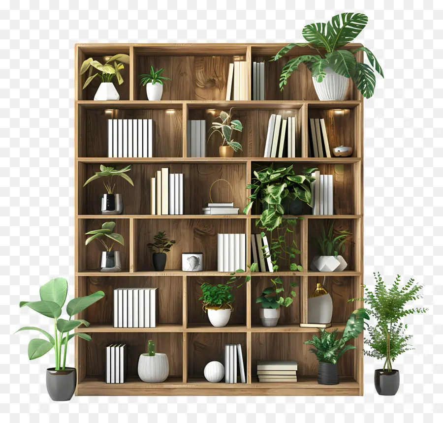 libreria di libreria in legno piante in vaso vegetazione - Scaffale in legno con varie piante, stanza scarsamente illuminata