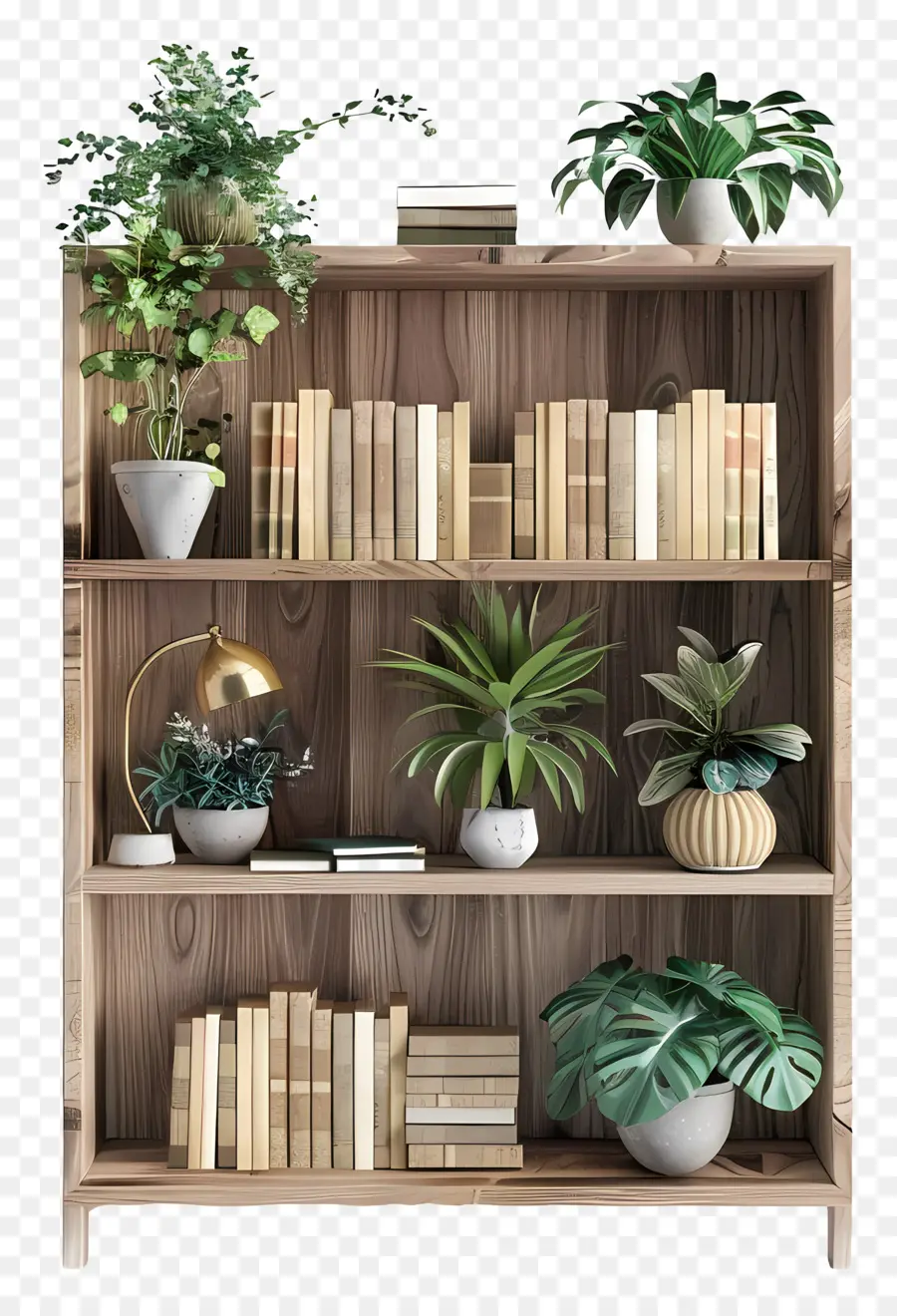 Bücherregal Bücherregalbücher Pflanzen Kakti - Bücherregal mit Pflanzen und abwechslungsreichen Büchern. 
Holzregal