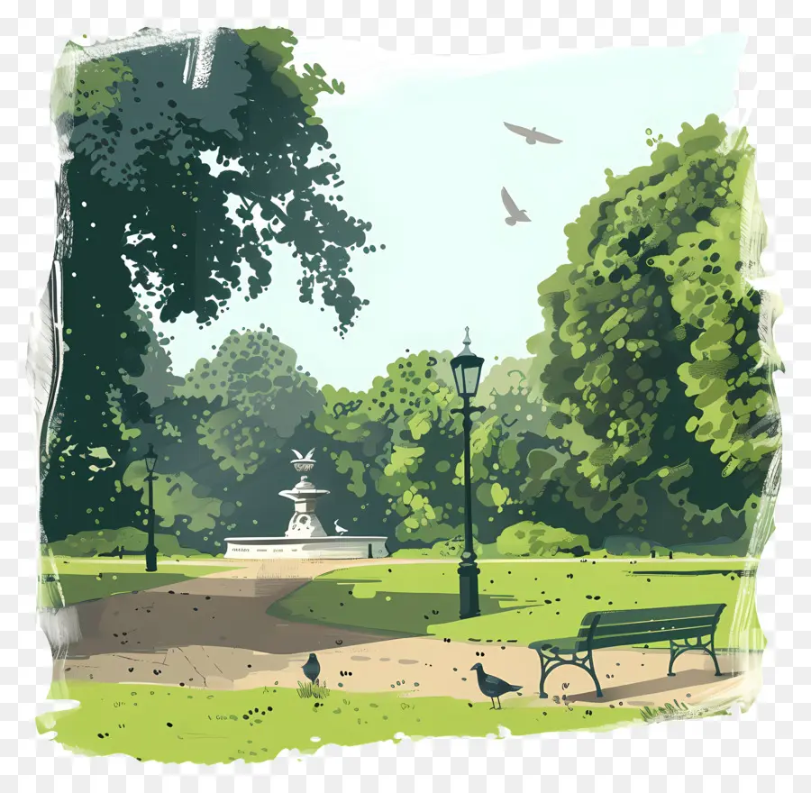 Hyde Park Park -Bankbäume Statue - Friedliche Parkszene mit Statue und Bäumen