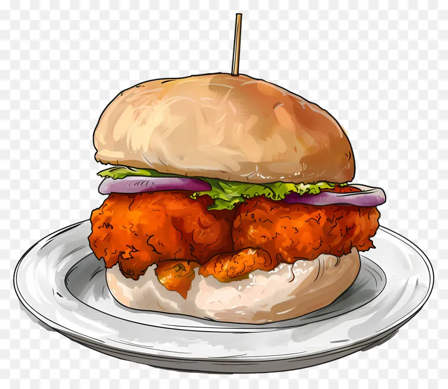bánh hamburger - Hamburger với thịt gà, khoai tây chiên, kem chua, sốt cà chua