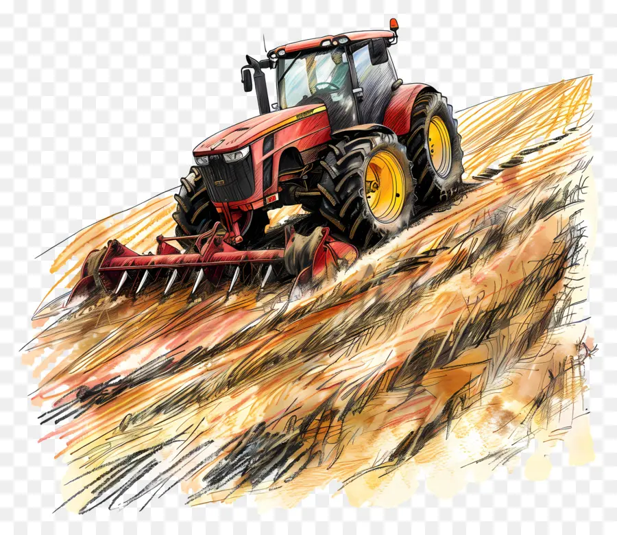 Konturpflügen John Deere Traktor pflügen Landwirtschaftsausrüstung Landwirtschaft - Red John Deere Traktor pflügt hohes Grasfeld