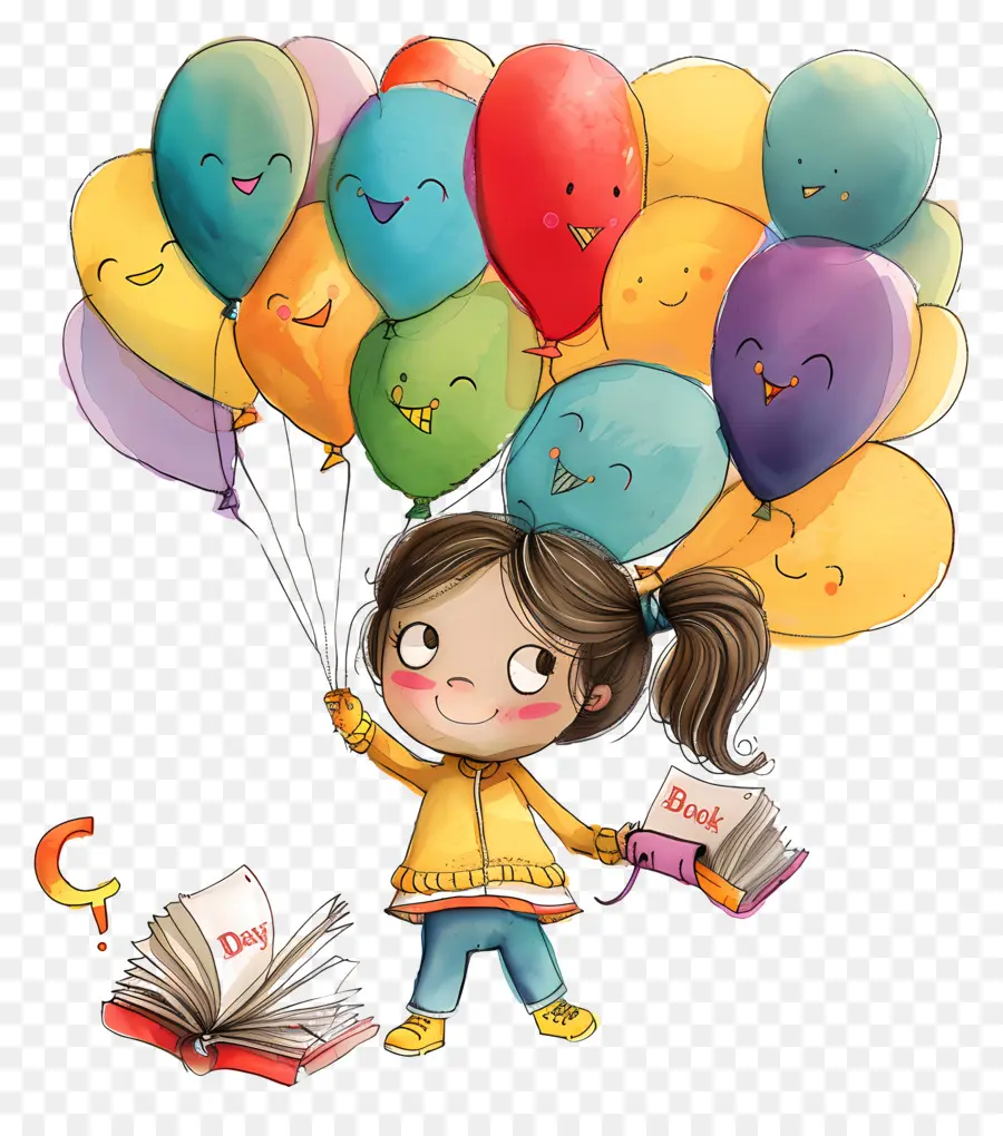 Welttag des Buches - Mädchen mit Buch und Luftballons auf der Straße