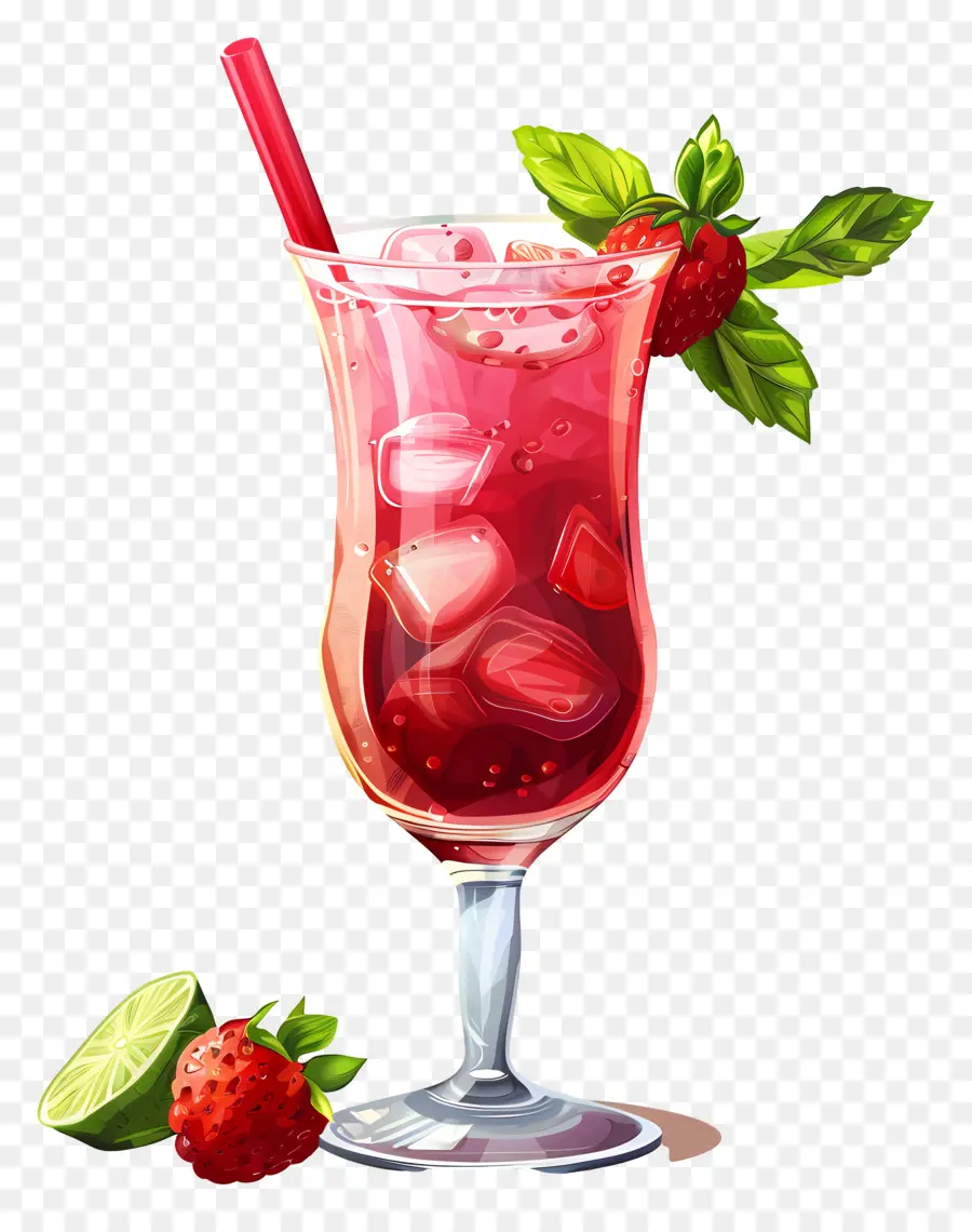 Sommer drink - Rotes Getränk mit Erdbeer- und Limettengarnitur