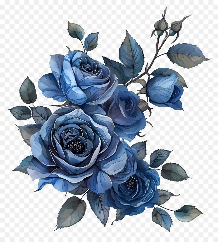 Rosenblätter - Dunkelblauer Rosenstrauß auf schwarzem Hintergrund