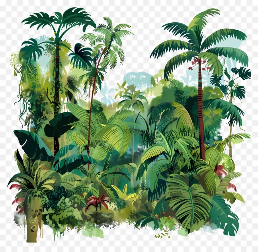 rừng nhiệt đới rừng nhiệt đới cây rừng nhiệt đới - Rừng rậm tươi tốt với những ngọn núi, mặt trời, chim ở trên