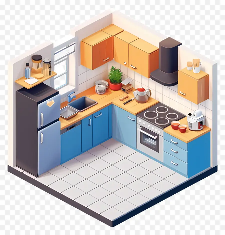 Küchenraum kleines Küchendesign moderner Küchenblau und Orangenschränke Edelstahl Kühlschrank - Moderne Küche mit blauen, orangefarbenen Schränken und Pflanzen