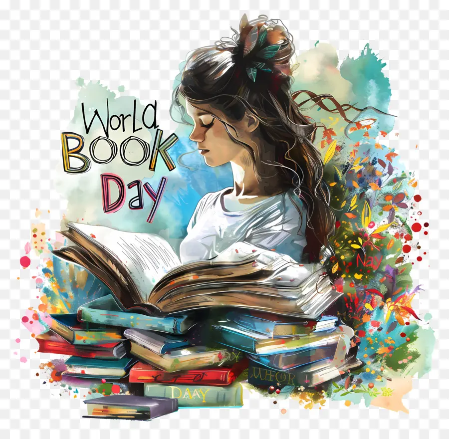 thế giới ngày sách - Cô gái đọc sách với chồng sách