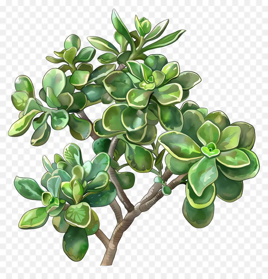 Crassula Jade Sukkulente Pflanze grüne Blätter rund um die Blätter gesund Sukkulent - Realistische grüne Sukkulpfmaschinenpflanze auf schwarzem Hintergrund