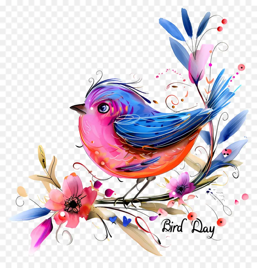 Bird Day Blue Bird Ast Bunte Blumen Reben - Blauer Vogel am Zweig von Blumen umgeben