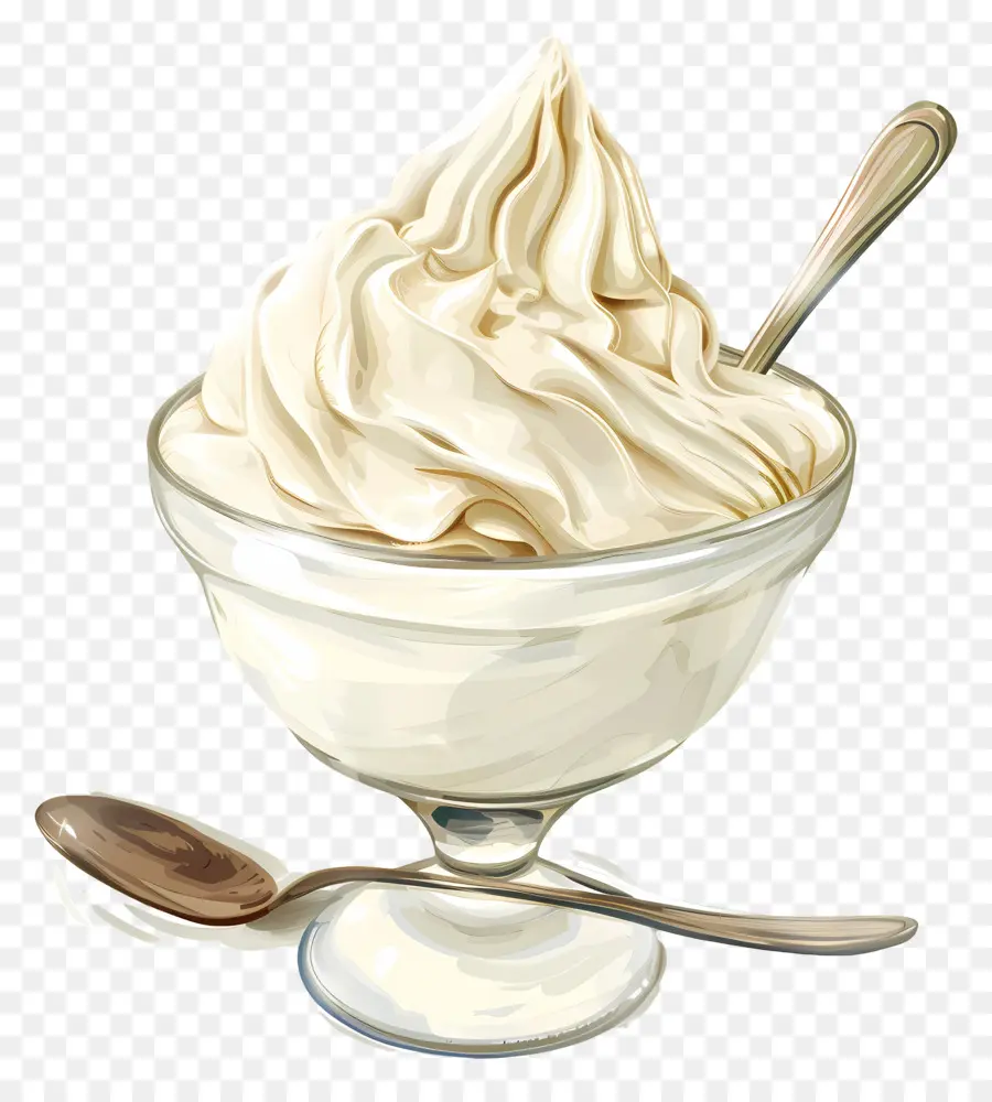 Ciotola dolce panna montata al gelato alla vaniglia - Panna montata in ciotola di vetro con cucchiaio
