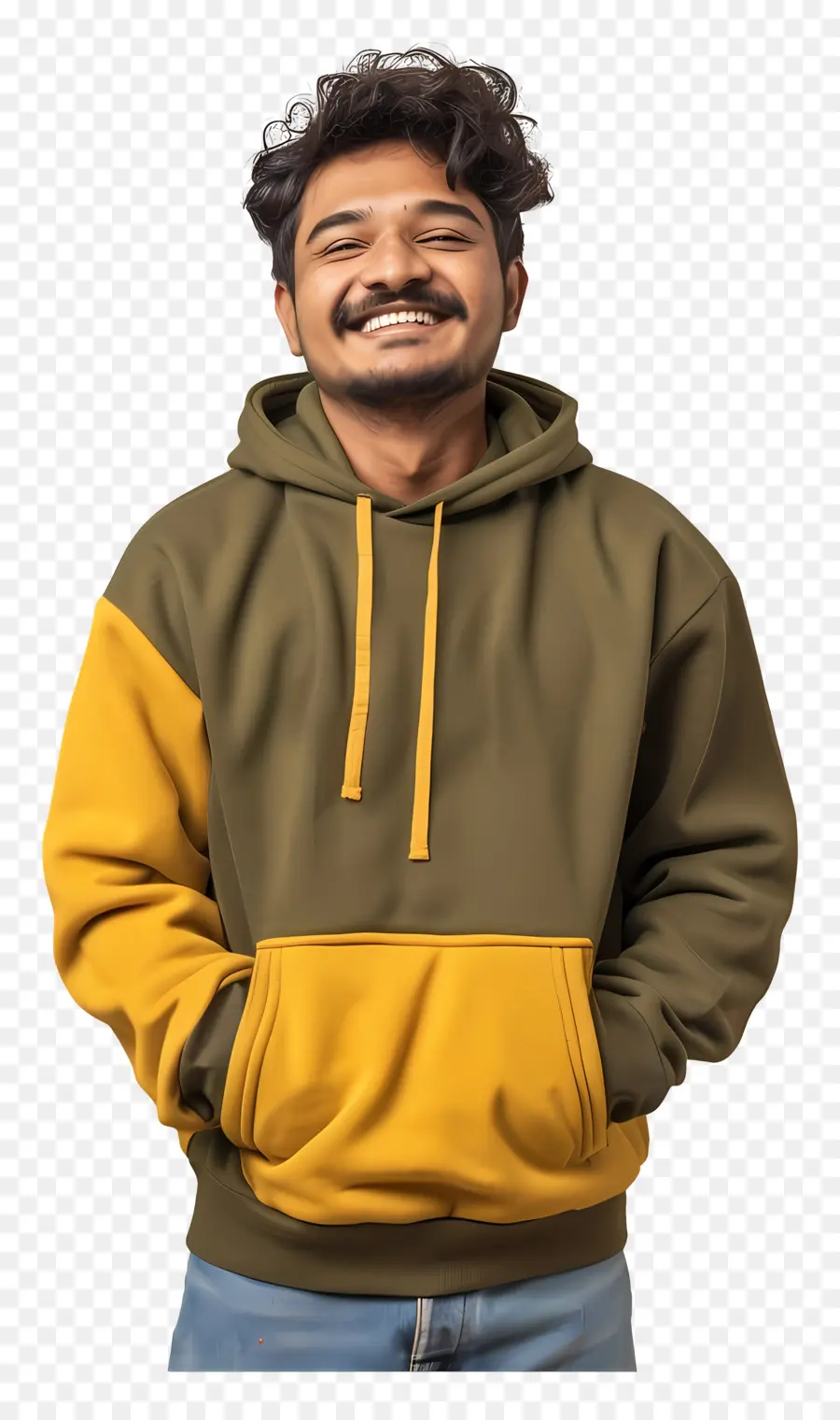 indian man man green hoodie yellow hoodie smiling