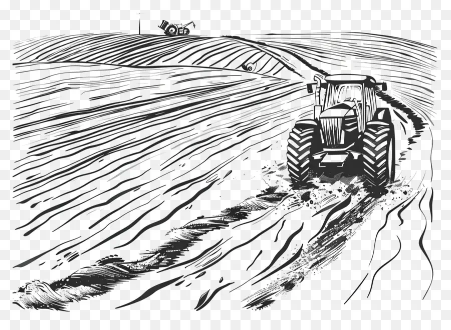 contour plowing tractor field headlights dirt piles