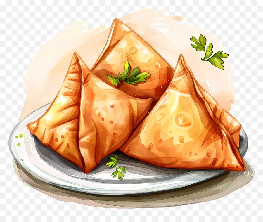 cibo samosa samosa snack fritto cucina indiana ceci - Primo piano di tre samosa fritti sulla piastra