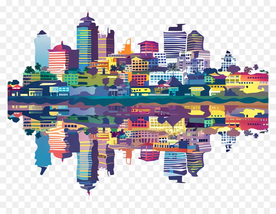 thành phố - Skyline thành phố sôi động đầy màu sắc với nước phản chiếu