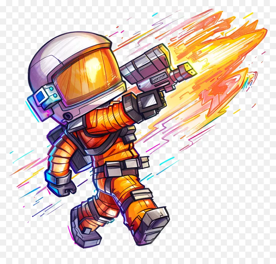 L'astronauta - Persona di cartoni animati in spazi per spazi arancione con pistola laser