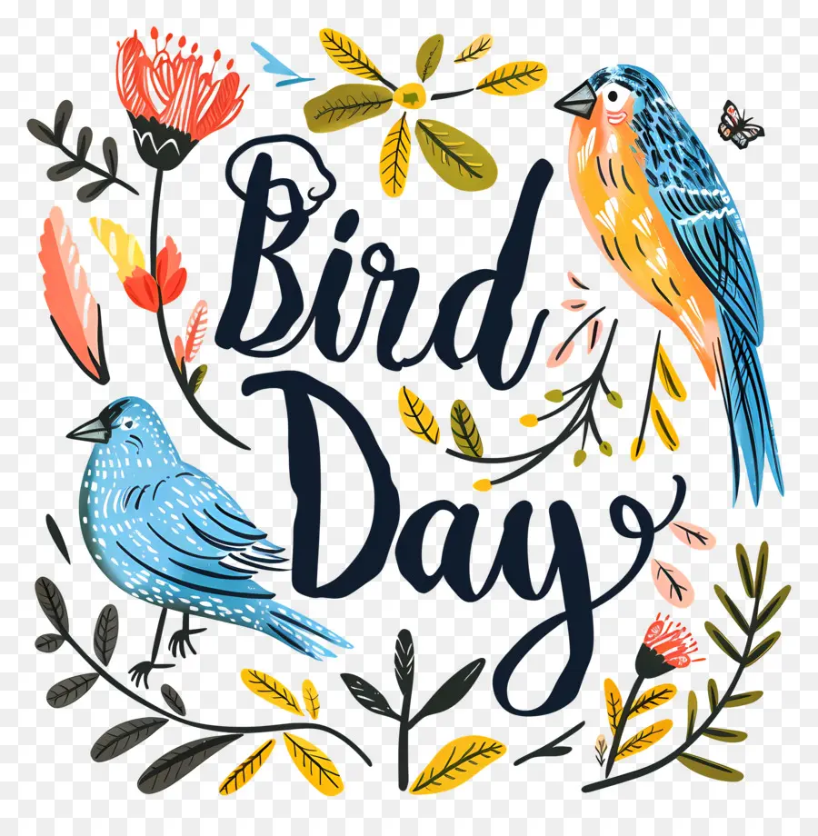 Bird Day Bird Day Birds Flowers - Uccelli in ghirlanda con fiori, design gioioso