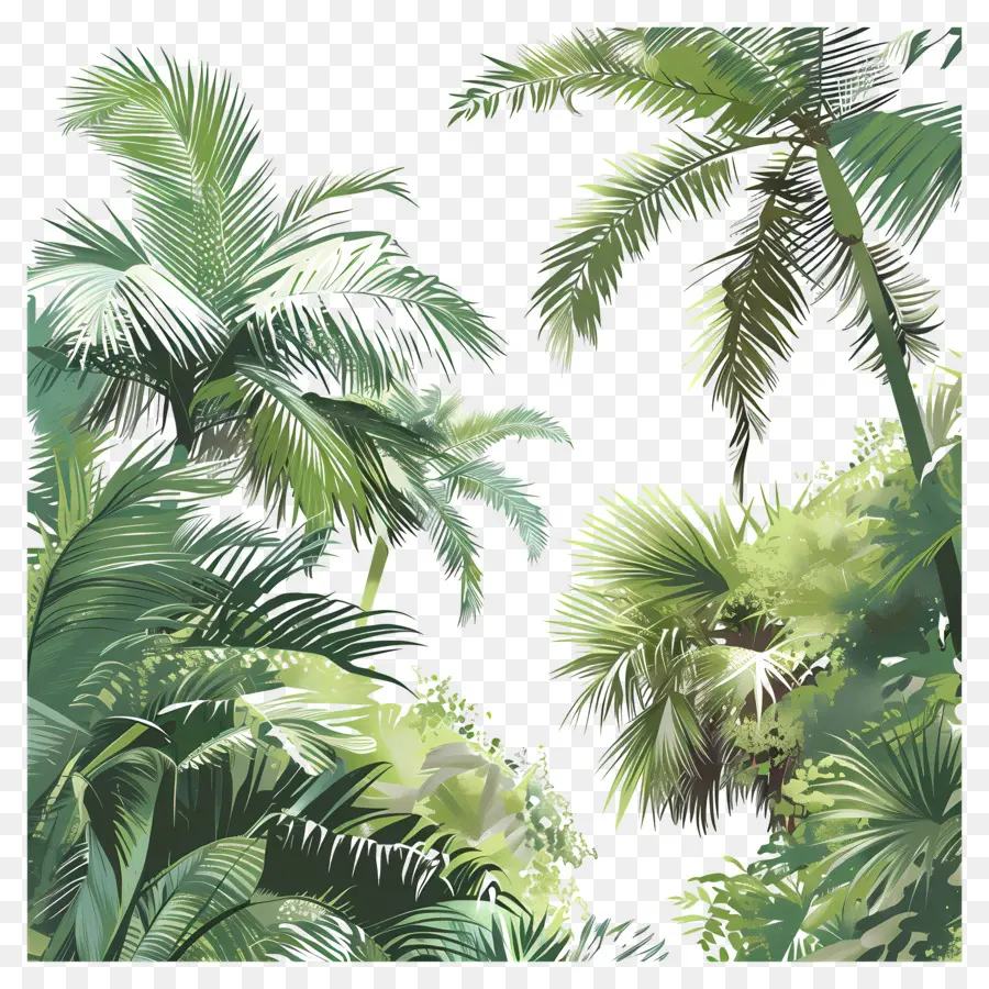 Palmen - Üppige grüne Dschungelszene mit hohen Bäumen