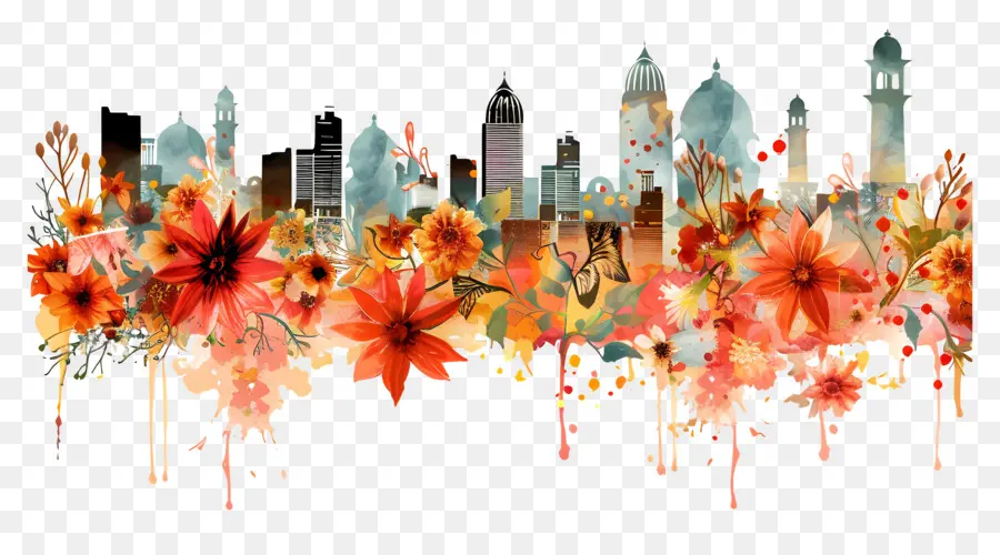 thành phố - Đường chân trời thành phố với hoa, cây cối, bụi rậm
