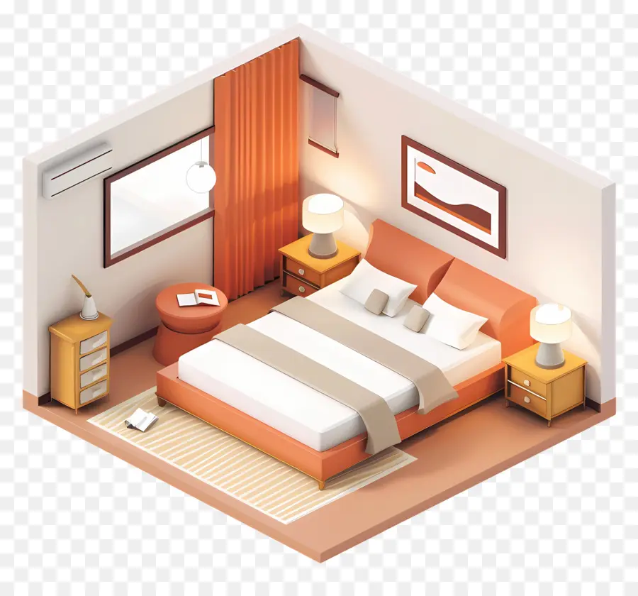 Phòng khách sạn Trang trí phòng ngủ Thiết kế nội thất Thiết kế phòng tạo kiểu nhà - Phòng ngủ tối giản với ghế sofa màu cam, tấm thảm màu đỏ