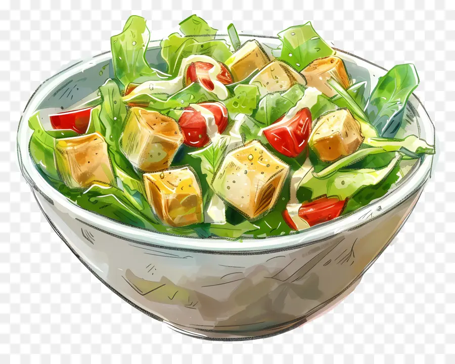 Salat - Cartoonsalat mit verschiedenen Zutaten und Dressing