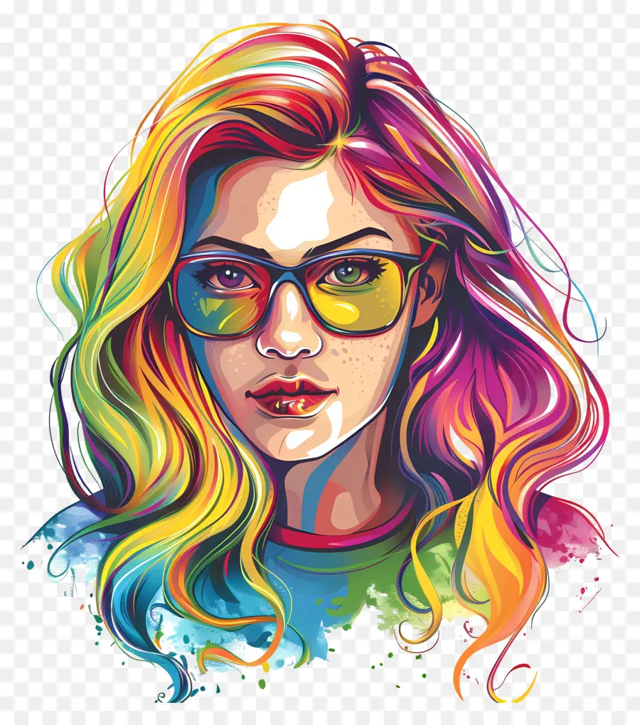 Brille - Frau mit Regenbogenhaar und Blumen lächeln