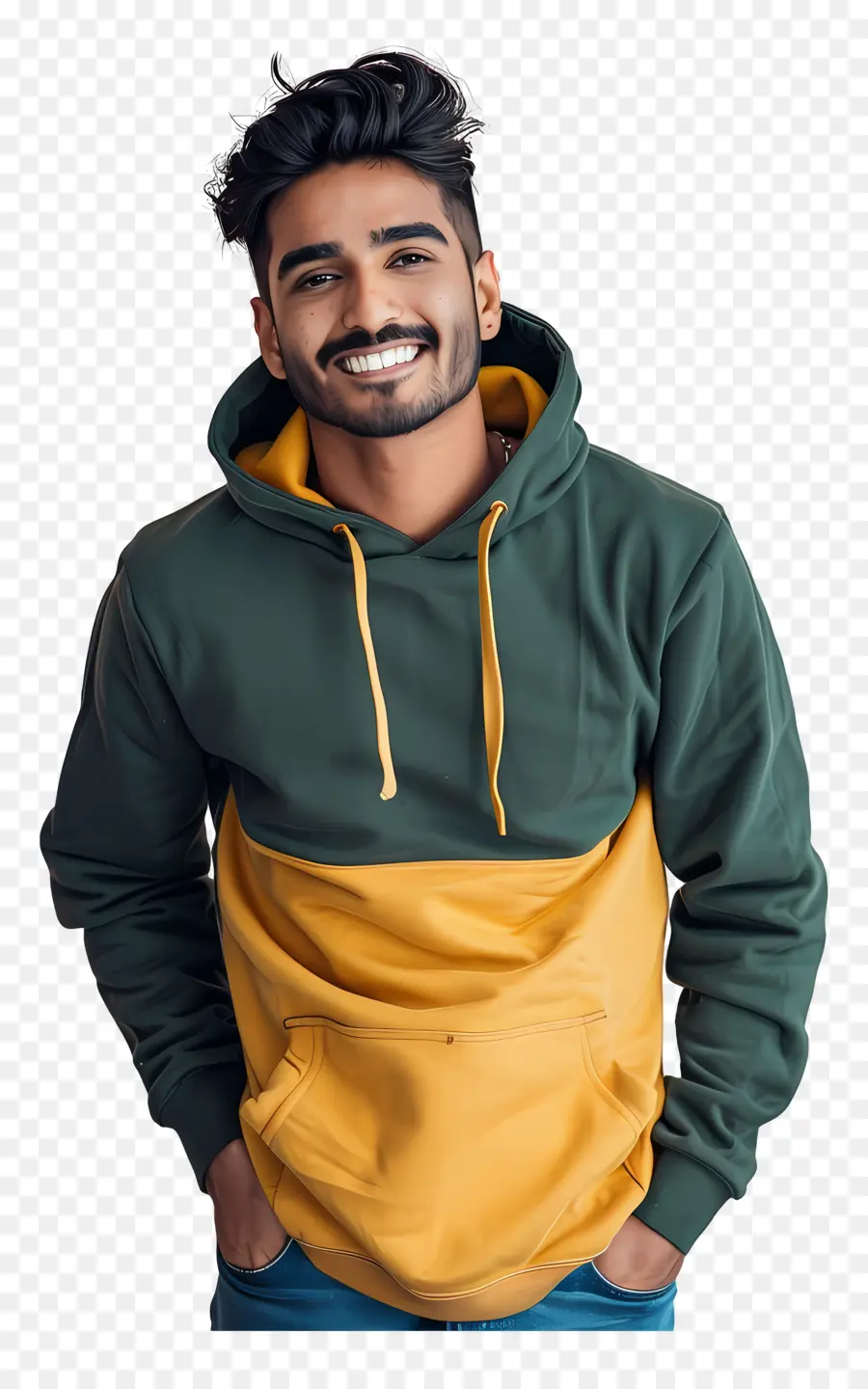 uomo indiano con cappuccio verde e giallo tessuto leggero indossa tessuto traspirato - L'uomo con felpa con cappuccio audace sembra casual e felice