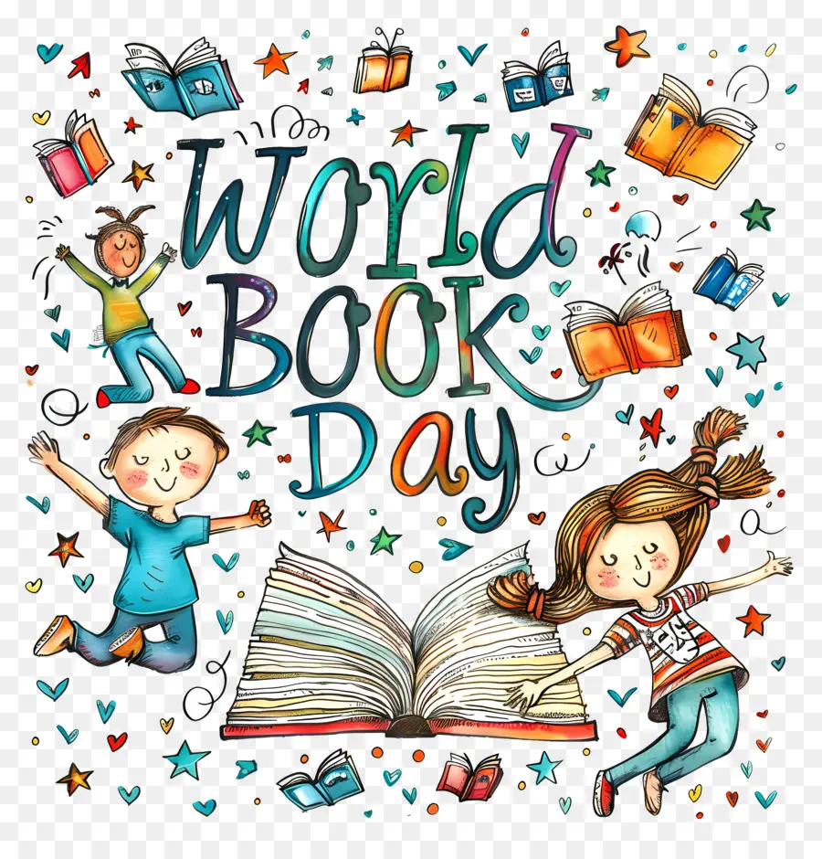 thế giới ngày sách - Trẻ em nhảy trước sách mở
