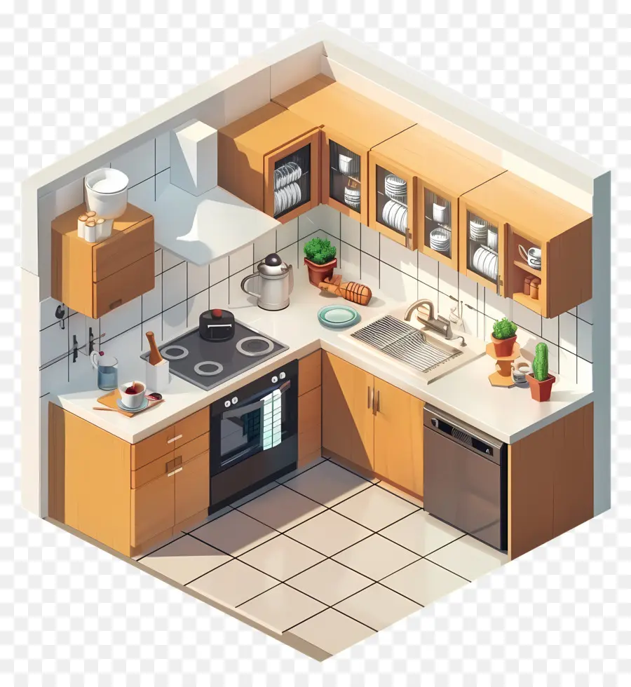 Phòng bếp Thiết kế nhà bếp tủ màu nâu Thiết bị mặt bàn màu trắng - Kết xuất 3D của không gian nhà bếp ấm cúng, mời