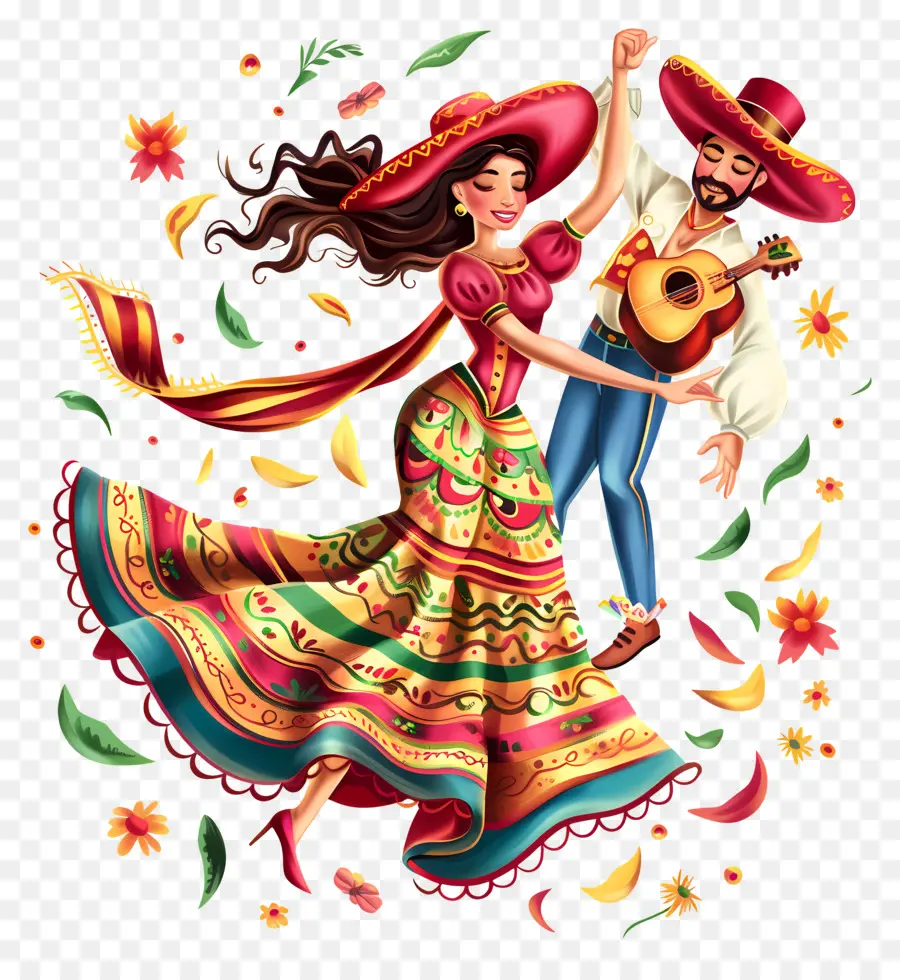 Cinco de Mayo traditioneller mexikanischer Tanz Mexikanische Kultur Folklore Tanz Mariachi Musik - Das mexikanische Paar tanzt mit traditionellen Instrumenten