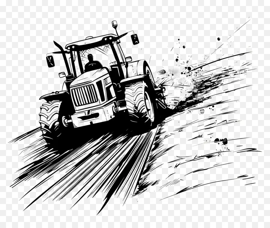 contorni aratura del trattore agricolo ruote fango - Trattore agricolo in bianco e nero che guida pacificamente