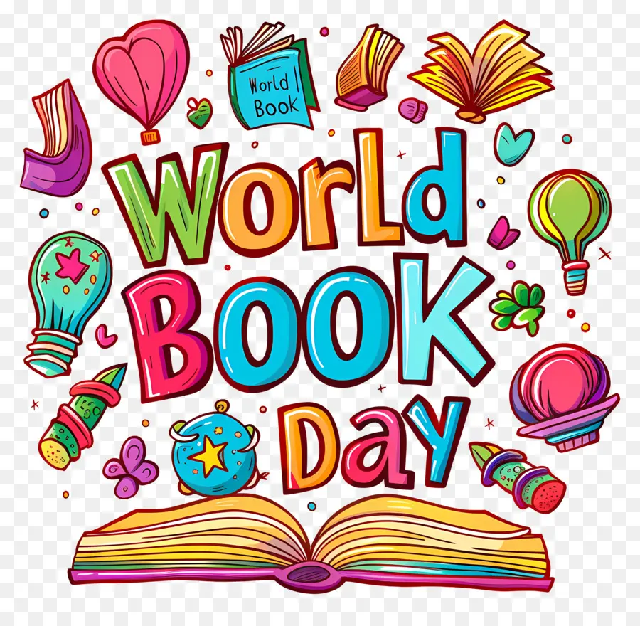 thế giới ngày sách - Cuốn sách đầy màu sắc được bao quanh bởi đồ dùng học tập