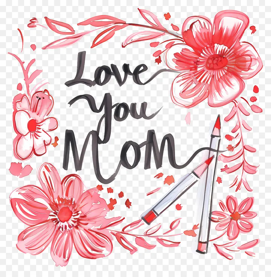 Liebe dich Mama - Buntes Blumenrahmen mit Lippenstift und Nachricht
