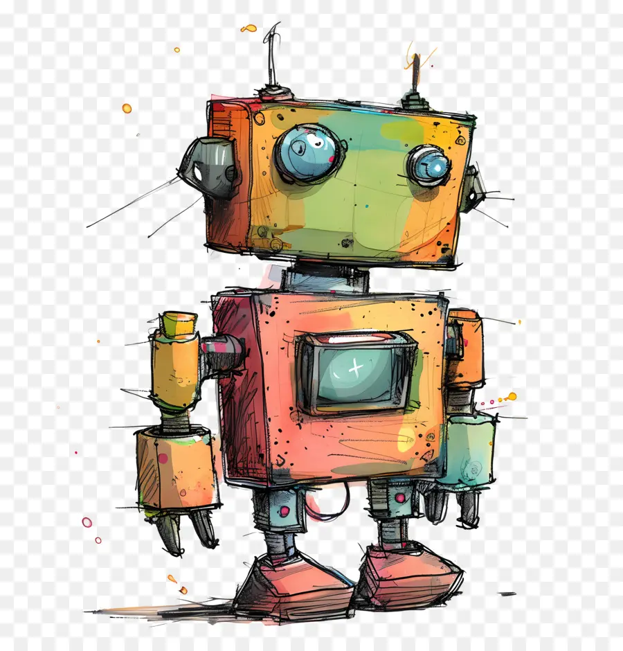 trái cam - Robot hoạt hình với khuôn mặt thân thiện, nền đầy màu sắc