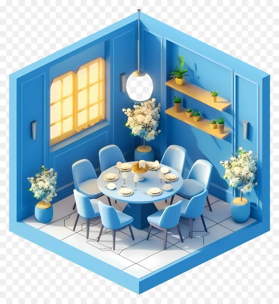 sala da pranzo blu sala da pranzo sedie da pranzo tavolo da pranzo vista - Sala da pranzo blu con tavolo, sedie, camino