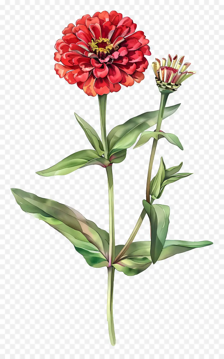 rote Blume - Rote Zinnienblume mit grünen Blättern, lebendige Farbe
