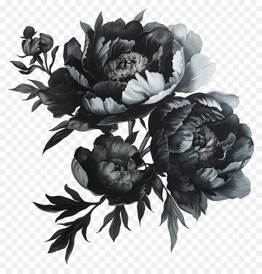 Schwarze Pfingstrosen schwarze und weiße Blüten monochromatische Malerei Vase -Töne von Weiß - Monochromblüten in Vase, detailliert und dynamisch