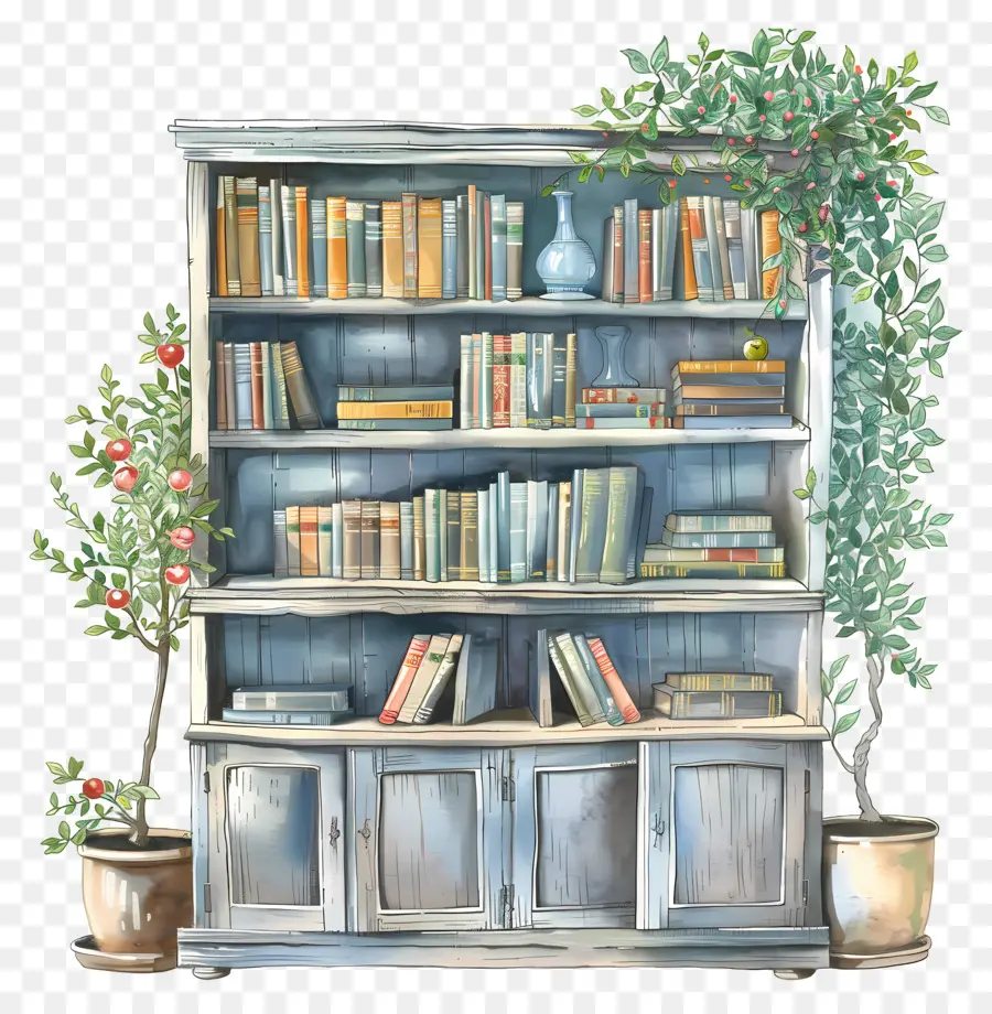 tủ sách kệ sách sách tủ gỗ - Kệ sách bằng gỗ với sách, bình, nền tối