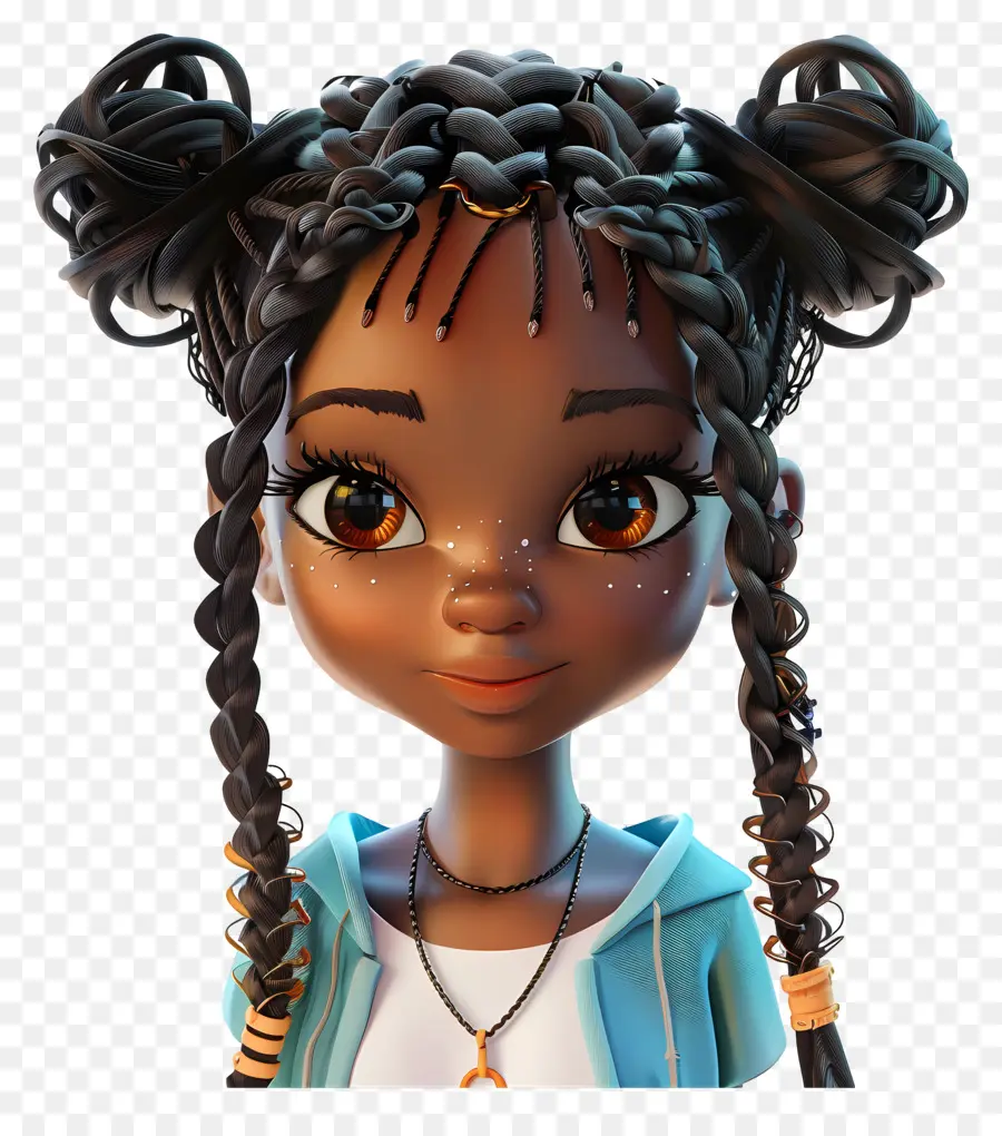 Kiểu tóc cô gái đen bím tóc cô gái trẻ áo cổ áo sơ mi màu xanh - Cô gái hoạt hình với bím tóc và đôi mắt nhắm