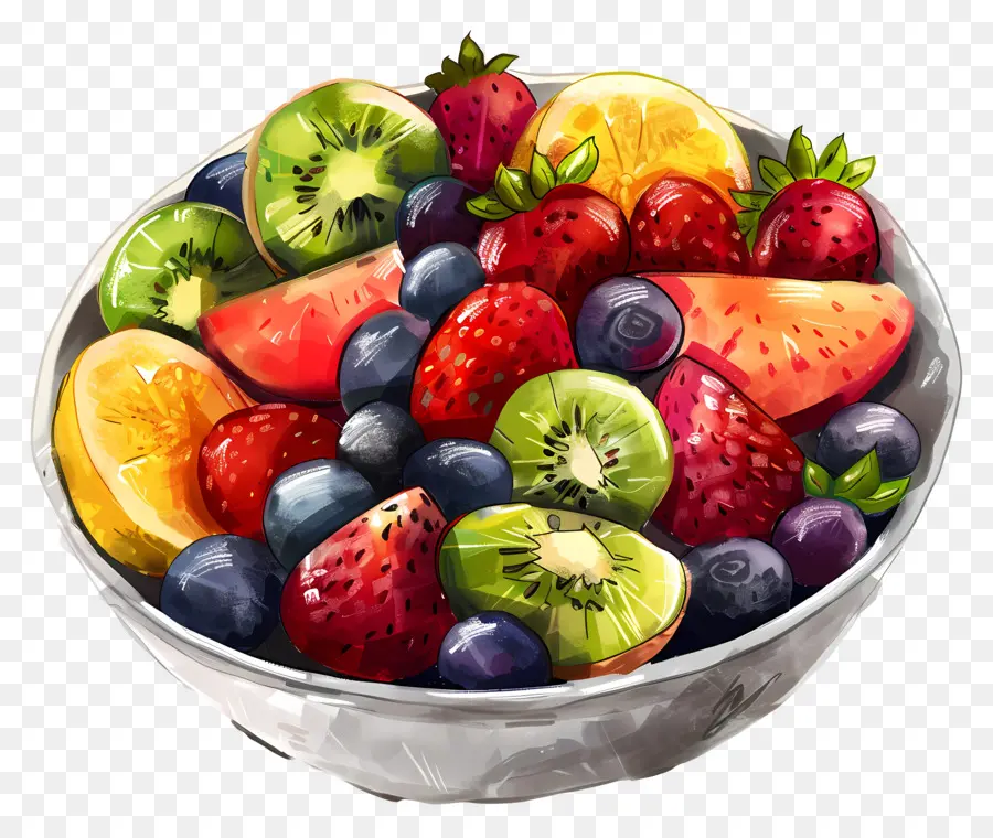 Obstsalat frische Früchte Schüssel mit Obst Erdbeeren Orangen - Bunte Obstschale auf weißem Hintergrund