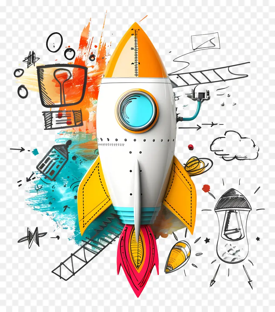 schnell wachsender Startup Business Rocket Ship Space Exploration Cartoon modernes Design - Buntes modernes Raketenschiff im Raum Explorationsthema