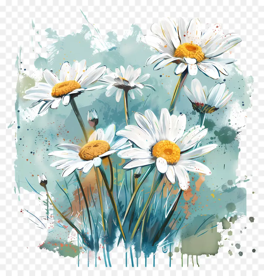 Daisies Flowers Daisies Field Painting Watercolor - Margherite in campo lussureggiante con stile ad acquerello