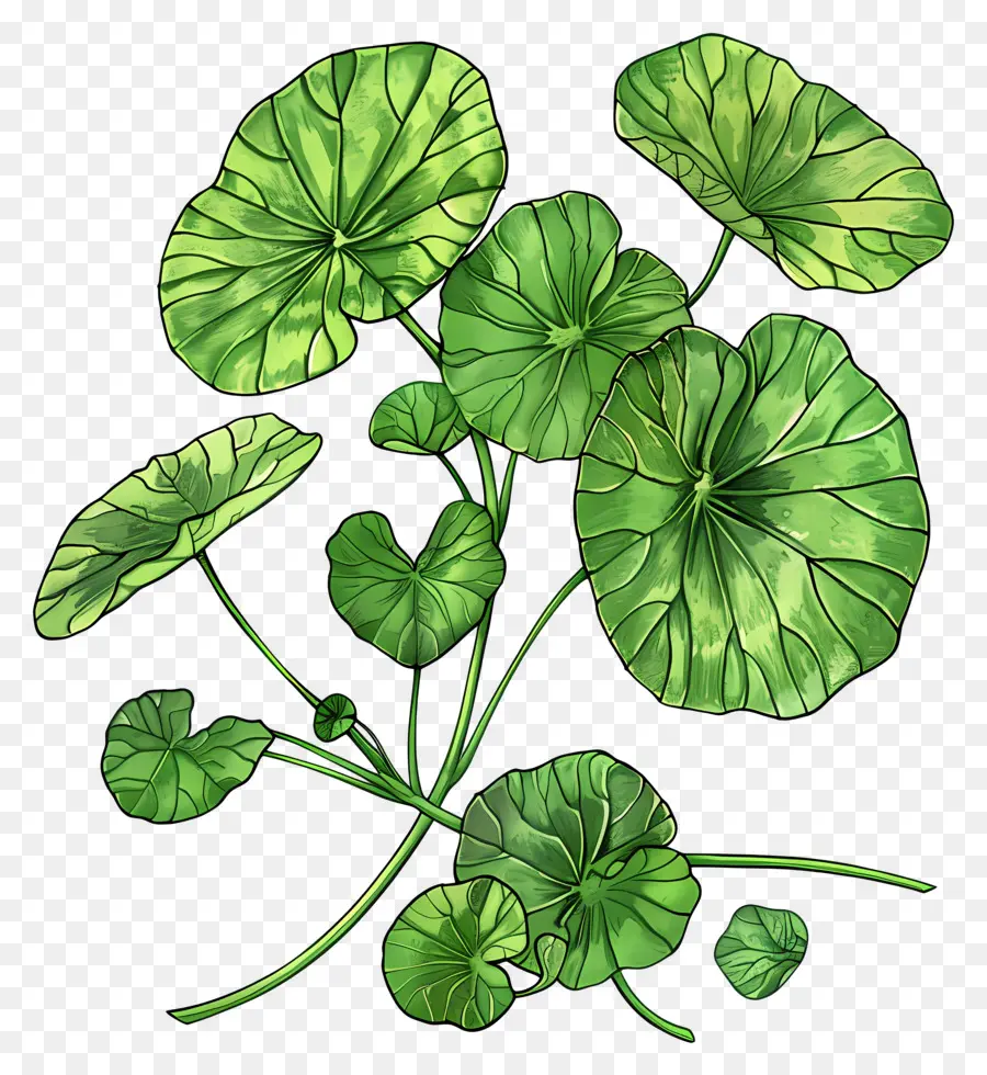 gotu kola pflanze grüne Blätter Adern Stiele - Realistisches Gemälde der grünen Pflanze mit Venen