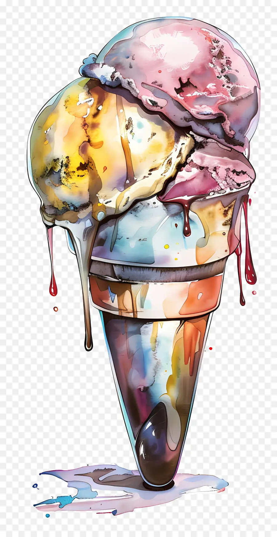 Scoop -Eis Aquarellmalerei Eiscreme Wirbelfarben - Buntes Eiskegelmalerei, skurril, verspielt